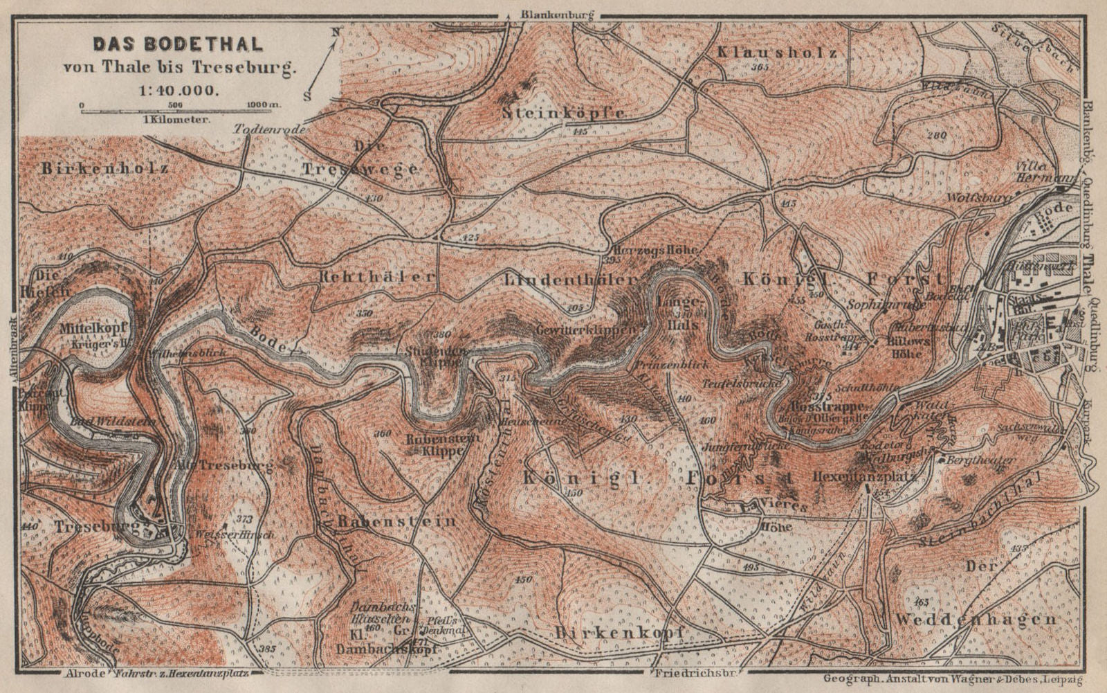 DAS BODETHAL von Thale bis Treseburg. Bode Gorge topo-map. Harz karte 1910